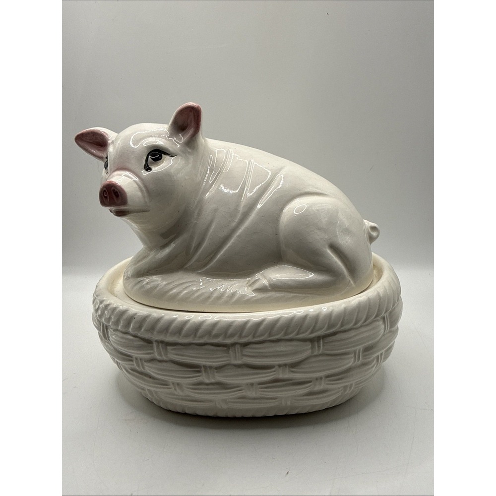 Vintage Ceramic Pig on A Lidded Oval Basket Weave Trinket Box Japan 3.5"